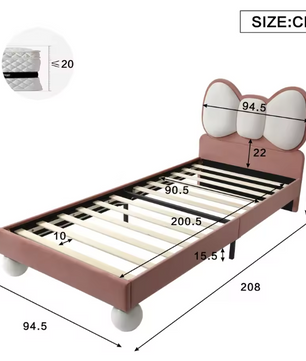Gestoffeerd Kinderbed 90 × 200 cm met Kleurverstelbaar LED-licht – Prinsessen Eenpersoonsbed met Vliegvormig Hoofdeinde