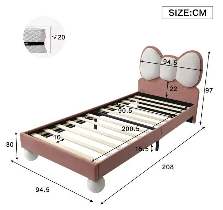 Gestoffeerd Kinderbed 90 × 200 cm met Kleurverstelbaar LED-licht – Prinsessen Eenpersoonsbed met Vliegvormig Hoofdeinde