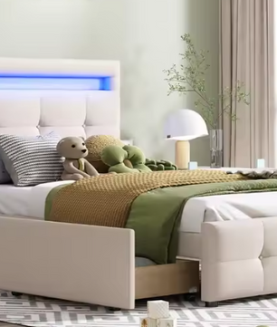 Gestoffeerd Eenpersoonsbed 90 × 200 cm met LED-verlichting en 2 Opbergladen – Linnen Bedframe zonder Boxspring