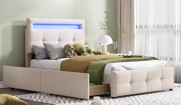 Gestoffeerd Eenpersoonsbed 90 × 200 cm met LED-verlichting en 2 Opbergladen – Linnen Bedframe zonder Boxspring