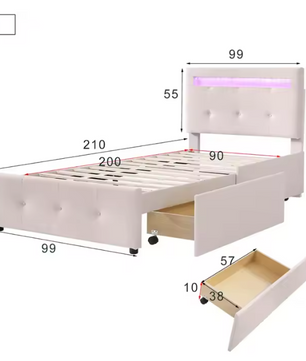 Gestoffeerd Eenpersoonsbed 90 × 200 cm met LED-verlichting en 2 Opbergladen – Linnen Bedframe zonder Boxspring
