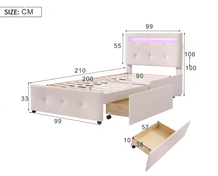 Gestoffeerd Eenpersoonsbed 90 × 200 cm met LED-verlichting en 2 Opbergladen – Linnen Bedframe zonder Boxspring