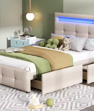 Gestoffeerd Eenpersoonsbed 90 × 200 cm met LED-verlichting en 2 Opbergladen – Linnen Bedframe zonder Boxspring