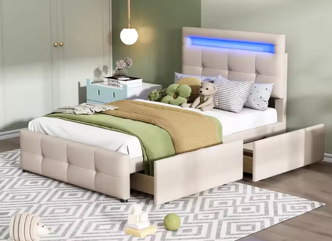 Gestoffeerd Eenpersoonsbed 90 × 200 cm met LED-verlichting en 2 Opbergladen – Linnen Bedframe zonder Boxspring