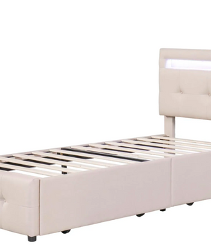 Gestoffeerd Eenpersoonsbed 90 × 200 cm met LED-verlichting en 2 Opbergladen – Linnen Bedframe zonder Boxspring