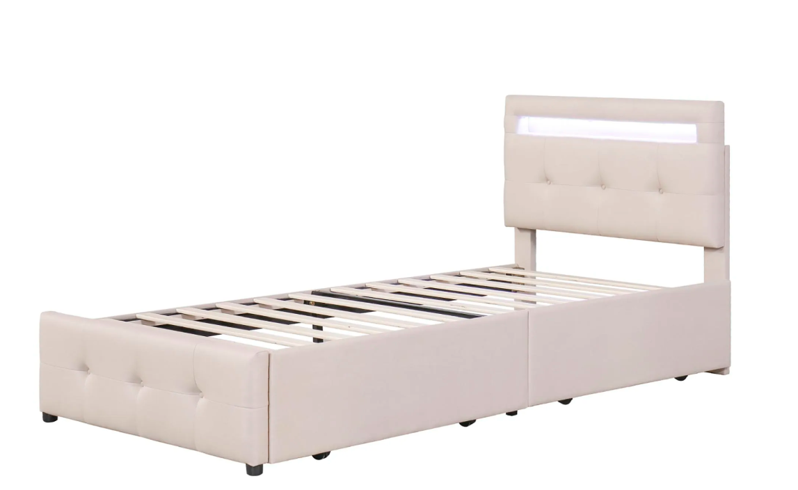 Gestoffeerd Eenpersoonsbed 90 × 200 cm met LED-verlichting en 2 Opbergladen – Linnen Bedframe zonder Boxspring