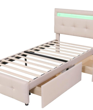 Gestoffeerd Eenpersoonsbed 90 × 200 cm met LED-verlichting en 2 Opbergladen – Linnen Bedframe zonder Boxspring