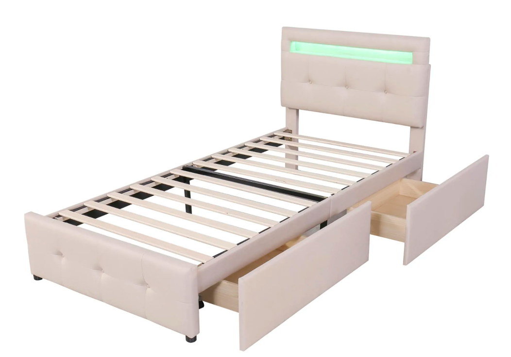 Gestoffeerd Eenpersoonsbed 90 × 200 cm met LED-verlichting en 2 Opbergladen – Linnen Bedframe zonder Boxspring