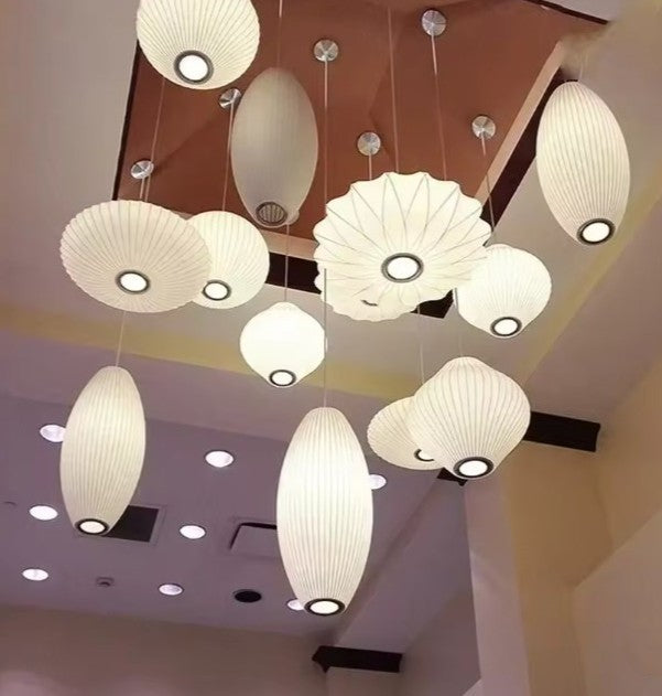 Moderne Zijde LED Hanglamp – Minimalistische Designer Plafondlamp – Witte Stoffen Kap – E27 – Voor Woonkamer, Restaurant & Hotel