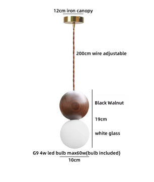 Moderne Houten LED Hanglamp met Glazen Bol – Zwart Walnoot G9 – Scandinavisch & Japans Design voor Slaapkamer, Eetkamer & Woonkamer