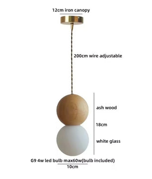 Moderne Houten LED Hanglamp met Glazen Bol – Zwart Walnoot G9 – Scandinavisch & Japans Design voor Slaapkamer, Eetkamer & Woonkamer