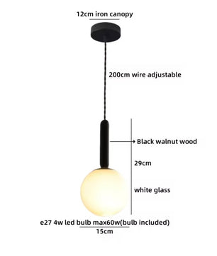 Moderne Houten LED Hanglamp met Glazen Bol – Zwart Walnoot G9 – Scandinavisch & Japans Design voor Slaapkamer, Eetkamer & Woonkamer
