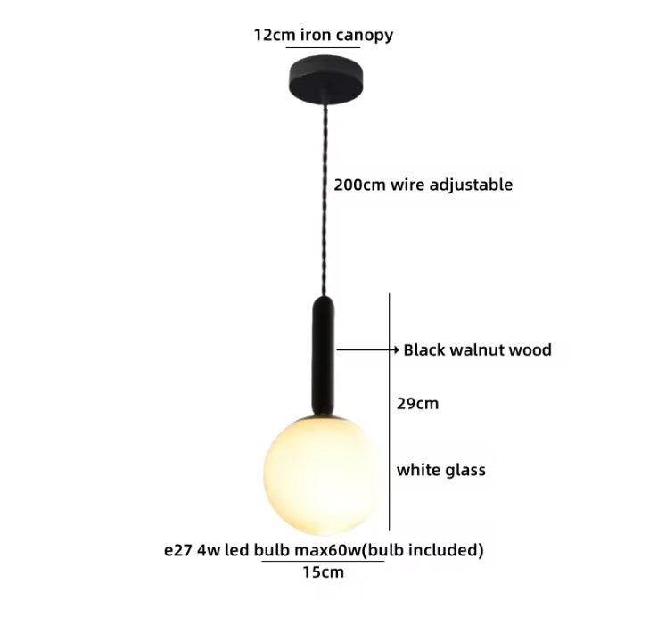 Moderne Houten LED Hanglamp met Glazen Bol – Zwart Walnoot G9 – Scandinavisch & Japans Design voor Slaapkamer, Eetkamer & Woonkamer