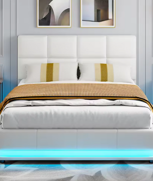 Hydraulisch Tweepersoons Bedframe met LED-Verlichting, Verstelbaar Hoofdbord en Opbergruimte – PU Kunstleer