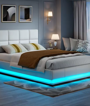 Hydraulisch Tweepersoons Bedframe met LED-Verlichting, Verstelbaar Hoofdbord en Opbergruimte – PU Kunstleer