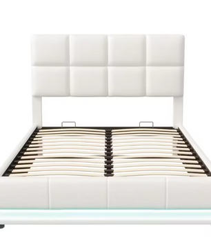 Hydraulisch Tweepersoons Bedframe met LED-Verlichting, Verstelbaar Hoofdbord en Opbergruimte – PU Kunstleer