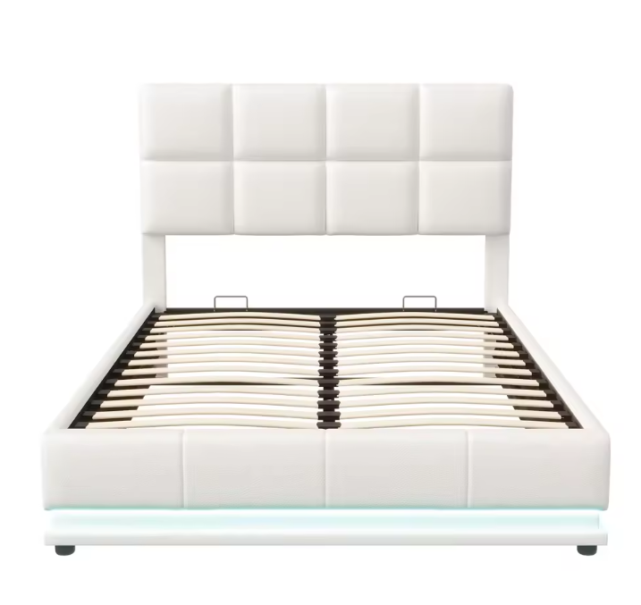Hydraulisch Tweepersoons Bedframe met LED-Verlichting, Verstelbaar Hoofdbord en Opbergruimte – PU Kunstleer
