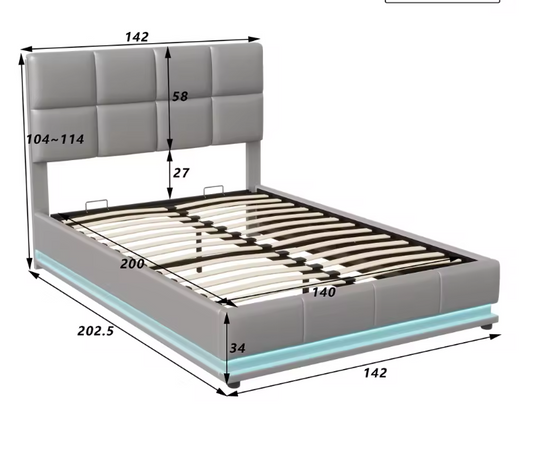 Hydraulisch Tweepersoons Bedframe met LED-Verlichting, Verstelbaar Hoofdbord en Opbergruimte – PU Kunstleer