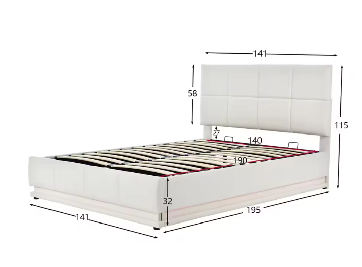 Hydraulisch Tweepersoons Bedframe met LED-Verlichting, Verstelbaar Hoofdbord en Opbergruimte – PU Kunstleer