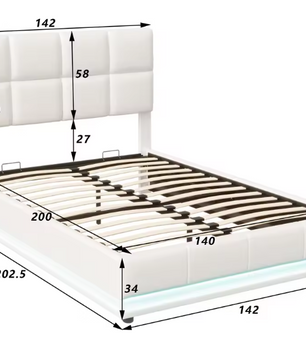 Hydraulisch Tweepersoons Bedframe met LED-Verlichting, Verstelbaar Hoofdbord en Opbergruimte – PU Kunstleer