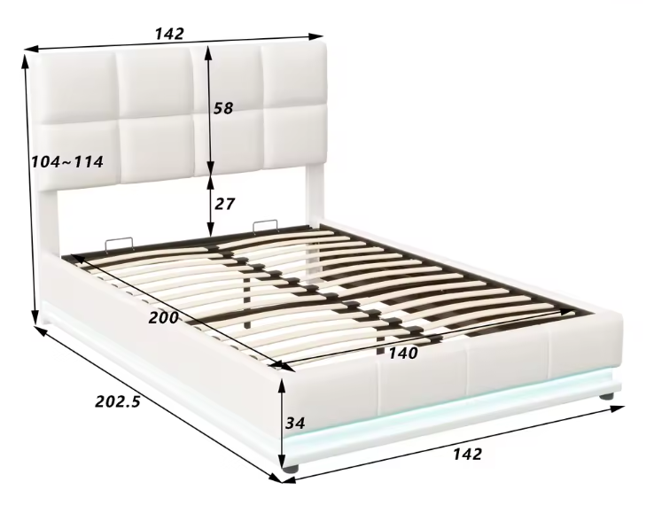 Hydraulisch Tweepersoons Bedframe met LED-Verlichting, Verstelbaar Hoofdbord en Opbergruimte – PU Kunstleer