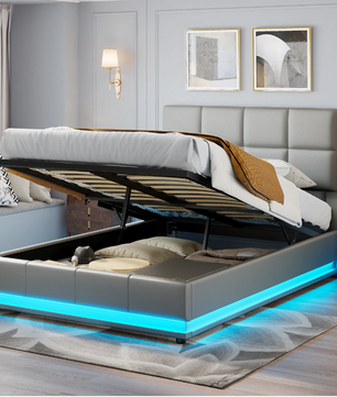 Hydraulisch Tweepersoons Bedframe met LED-Verlichting, Verstelbaar Hoofdbord en Opbergruimte – PU Kunstleer