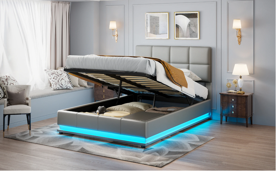Hydraulisch Tweepersoons Bedframe met LED-Verlichting, Verstelbaar Hoofdbord en Opbergruimte – PU Kunstleer