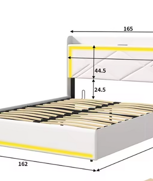 Gestoffeerd Bed 160 × 200 cm met LED-verlichting, USB-aansluiting en Hydraulische Opbergruimte – PU Bekleding en Lattenbodem