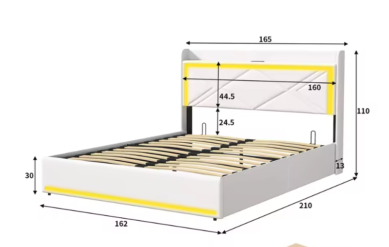 Gestoffeerd Bed 160 × 200 cm met LED-verlichting, USB-aansluiting en Hydraulische Opbergruimte – PU Bekleding en Lattenbodem
