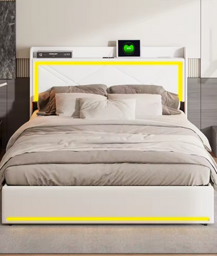 Gestoffeerd Bed 160 × 200 cm met LED-verlichting, USB-aansluiting en Hydraulische Opbergruimte – PU Bekleding en Lattenbodem