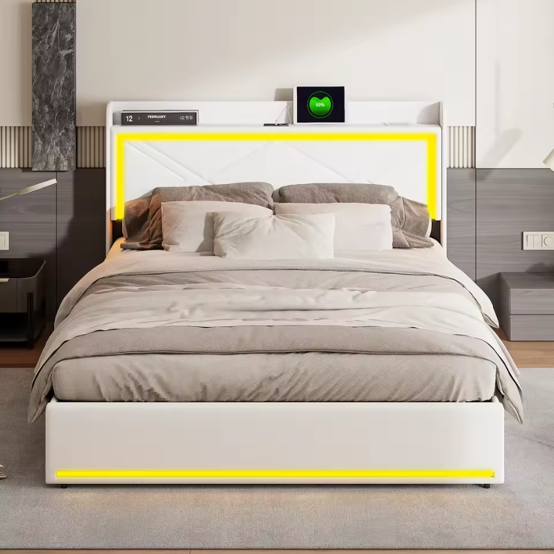 Gestoffeerd Bed 160 × 200 cm met LED-verlichting, USB-aansluiting en Hydraulische Opbergruimte – PU Bekleding en Lattenbodem