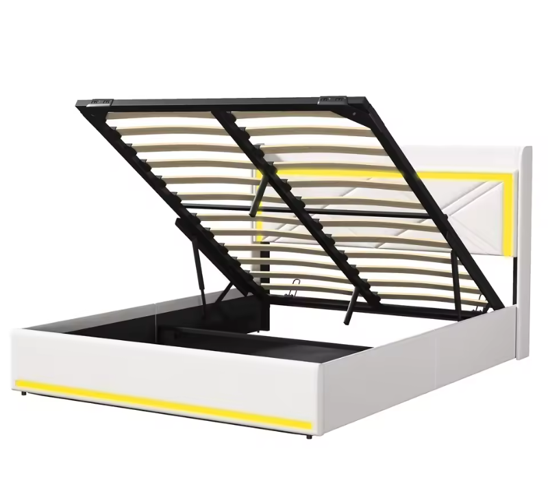 Gestoffeerd Bed 160 × 200 cm met LED-verlichting, USB-aansluiting en Hydraulische Opbergruimte – PU Bekleding en Lattenbodem