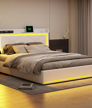 Gestoffeerd Bed 160 × 200 cm met LED-verlichting, USB-aansluiting en Hydraulische Opbergruimte – PU Bekleding en Lattenbodem