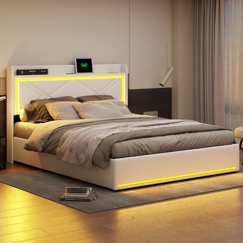 Gestoffeerd Bed 160 × 200 cm met LED-verlichting, USB-aansluiting en Hydraulische Opbergruimte – PU Bekleding en Lattenbodem