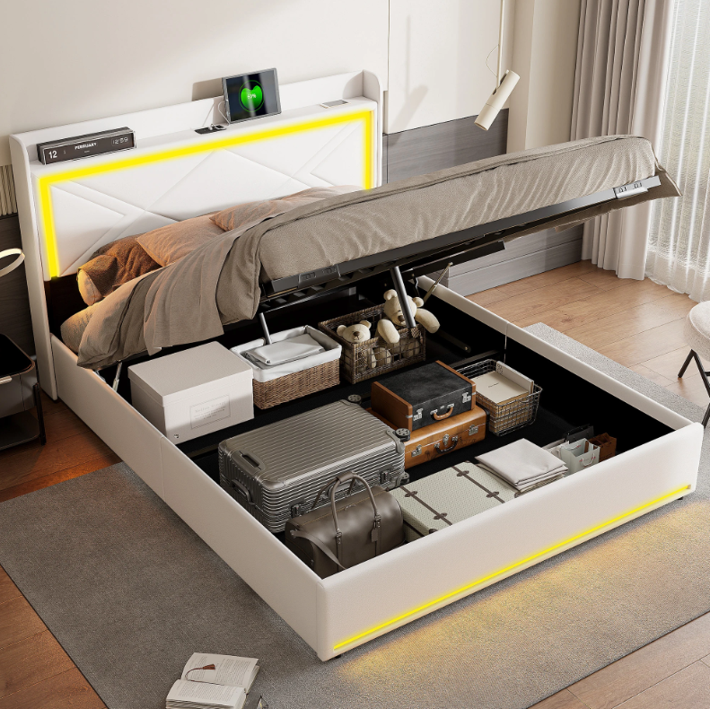Gestoffeerd Bed 160 × 200 cm met LED-verlichting, USB-aansluiting en Hydraulische Opbergruimte – PU Bekleding en Lattenbodem