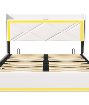 Gestoffeerd Bed 160 × 200 cm met LED-verlichting, USB-aansluiting en Hydraulische Opbergruimte – PU Bekleding en Lattenbodem