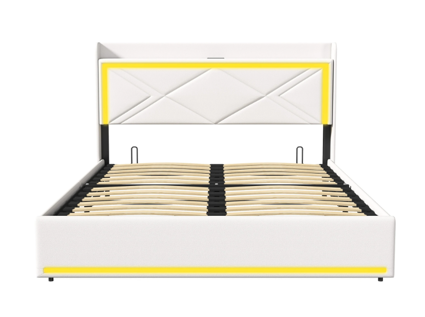 Gestoffeerd Bed 160 × 200 cm met LED-verlichting, USB-aansluiting en Hydraulische Opbergruimte – PU Bekleding en Lattenbodem