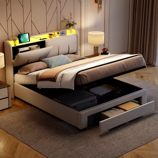 Gestoffeerd Bed 160/140 × 200 cm met RGB LED Verlichting, USB Aansluiting en Hydraulische Opbergruimte