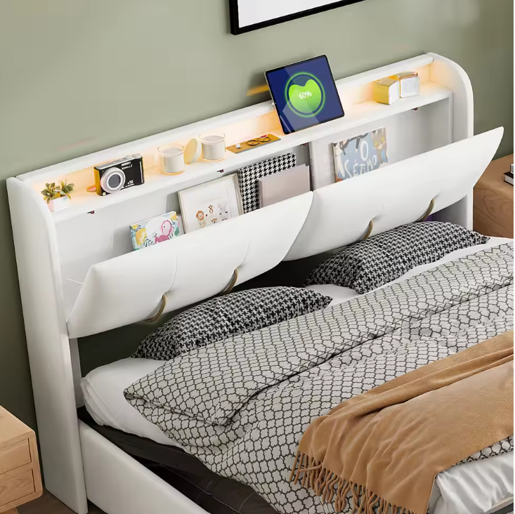 Gestoffeerd Bed 160/140 × 200 cm met RGB LED Verlichting, USB Aansluiting en Hydraulische Opbergruimte