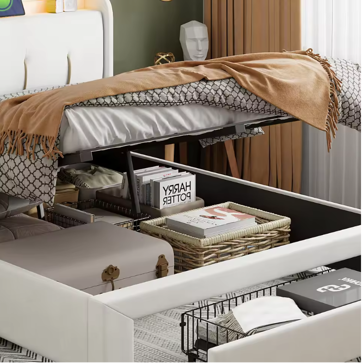 Gestoffeerd Bed 160/140 × 200 cm met RGB LED Verlichting, USB Aansluiting en Hydraulische Opbergruimte