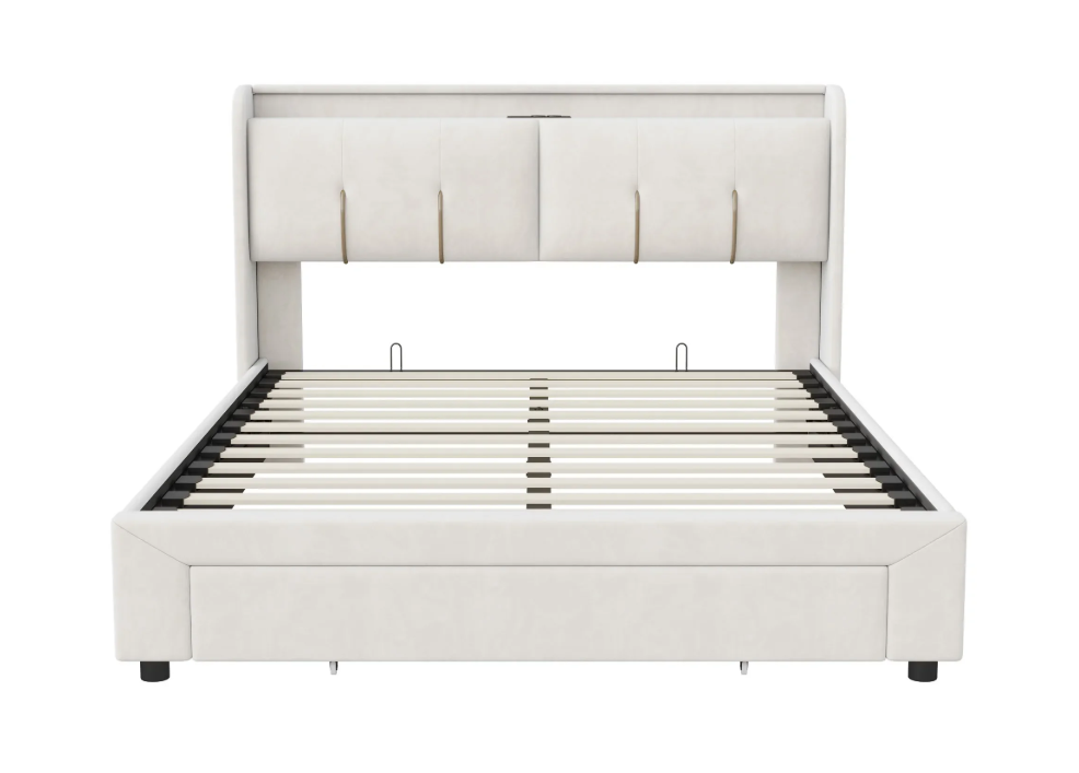 Gestoffeerd Bed 160/140 × 200 cm met RGB LED Verlichting, USB Aansluiting en Hydraulische Opbergruimte