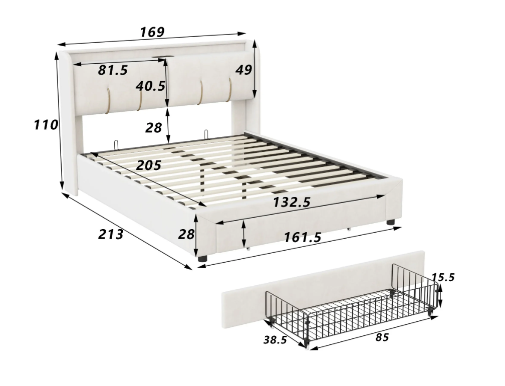 Gestoffeerd Bed 160/140 × 200 cm met RGB LED Verlichting, USB Aansluiting en Hydraulische Opbergruimte