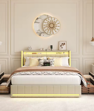 Roshanda Gestoffeerd Tweepersoonsbed 140 x 200 cm met LED en USB-poort – Bed met Lattenbodem, 4 Opbergvakken