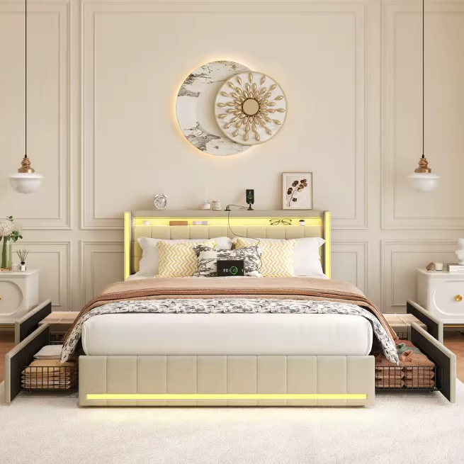Roshanda Gestoffeerd Tweepersoonsbed 140 x 200 cm met LED en USB-poort – Bed met Lattenbodem, 4 Opbergvakken