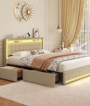 Roshanda Gestoffeerd Tweepersoonsbed 140 x 200 cm met LED en USB-poort – Bed met Lattenbodem, 4 Opbergvakken