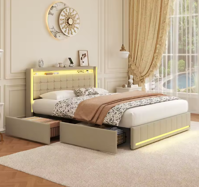 Roshanda Gestoffeerd Tweepersoonsbed 140 x 200 cm met LED en USB-poort – Bed met Lattenbodem, 4 Opbergvakken