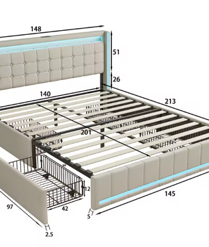 Roshanda Gestoffeerd Tweepersoonsbed 140 x 200 cm met LED en USB-poort – Bed met Lattenbodem, 4 Opbergvakken