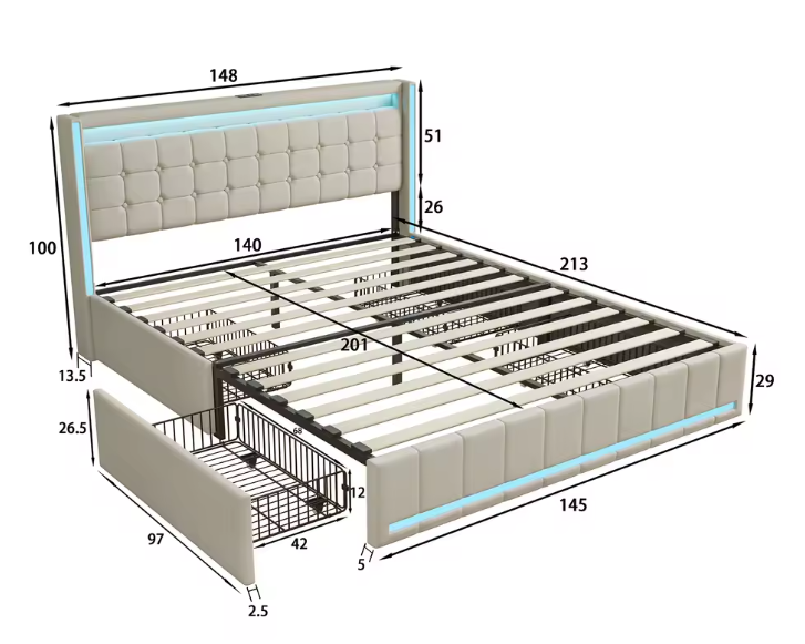 Roshanda Gestoffeerd Tweepersoonsbed 140 x 200 cm met LED en USB-poort – Bed met Lattenbodem, 4 Opbergvakken