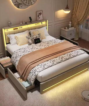 Roshanda Gestoffeerd Tweepersoonsbed 140 x 200 cm met LED en USB-poort – Bed met Lattenbodem, 4 Opbergvakken