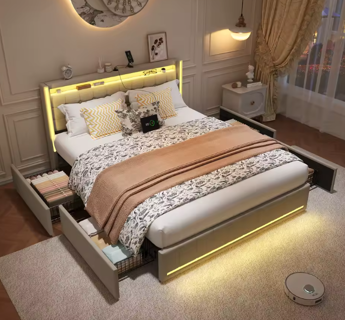 Roshanda Gestoffeerd Tweepersoonsbed 140 x 200 cm met LED en USB-poort – Bed met Lattenbodem, 4 Opbergvakken